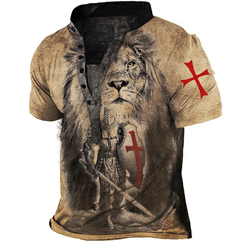 Printrendy Men's Henley 3D Print Graphic Lion Stand Collar Button-Down Short Sleeve T-shirt