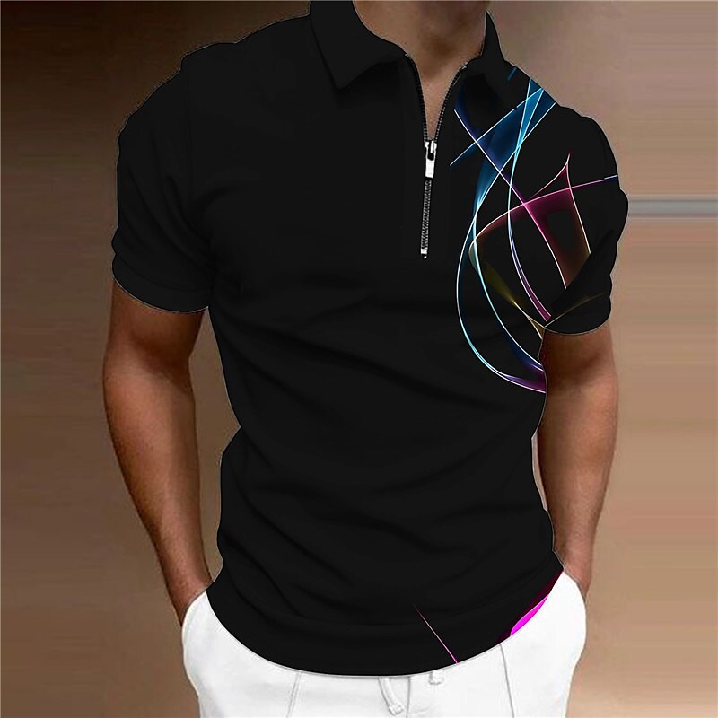 Men's 3D Print Linear Casual Zipper Short Sleeve Polo T-shirt