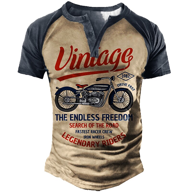 Men's Graphic Letter Motorcycle 3D Print Short Sleeve Button-Down Casual Henley T-Shirt