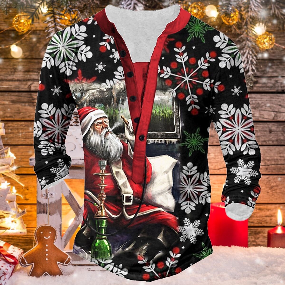 Printrendy Men's Henley Graphic Santa Claus 3D Print Christmas Long Sleeve Button-Down T-shirt