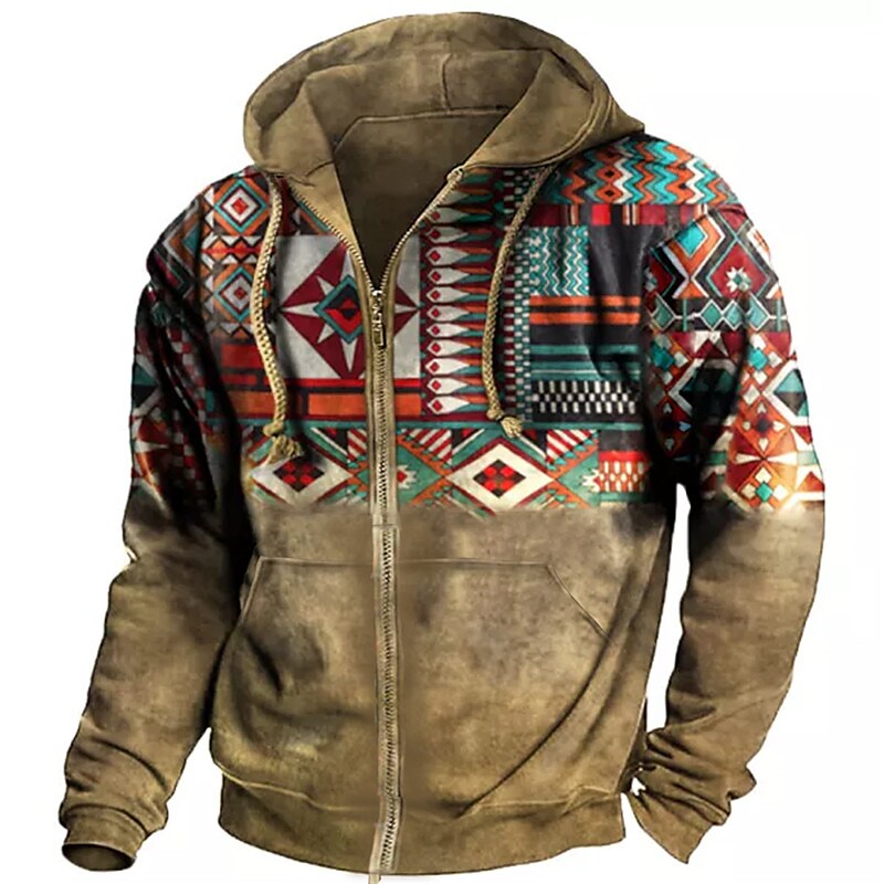 Printrendy Men's Outdoor 3D Print Color Block Graphic Prints Ethnic Full Zip Hoodie Jacket