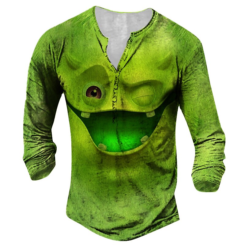 Printrendy Men's Henley 3D Print Graphic Monster Long Sleeve Button-Down T-shirt