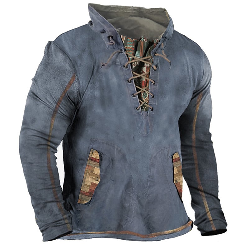 Printrendy Men's Pullover Stand Collar Graphic Prints Lace up Sweatshirt