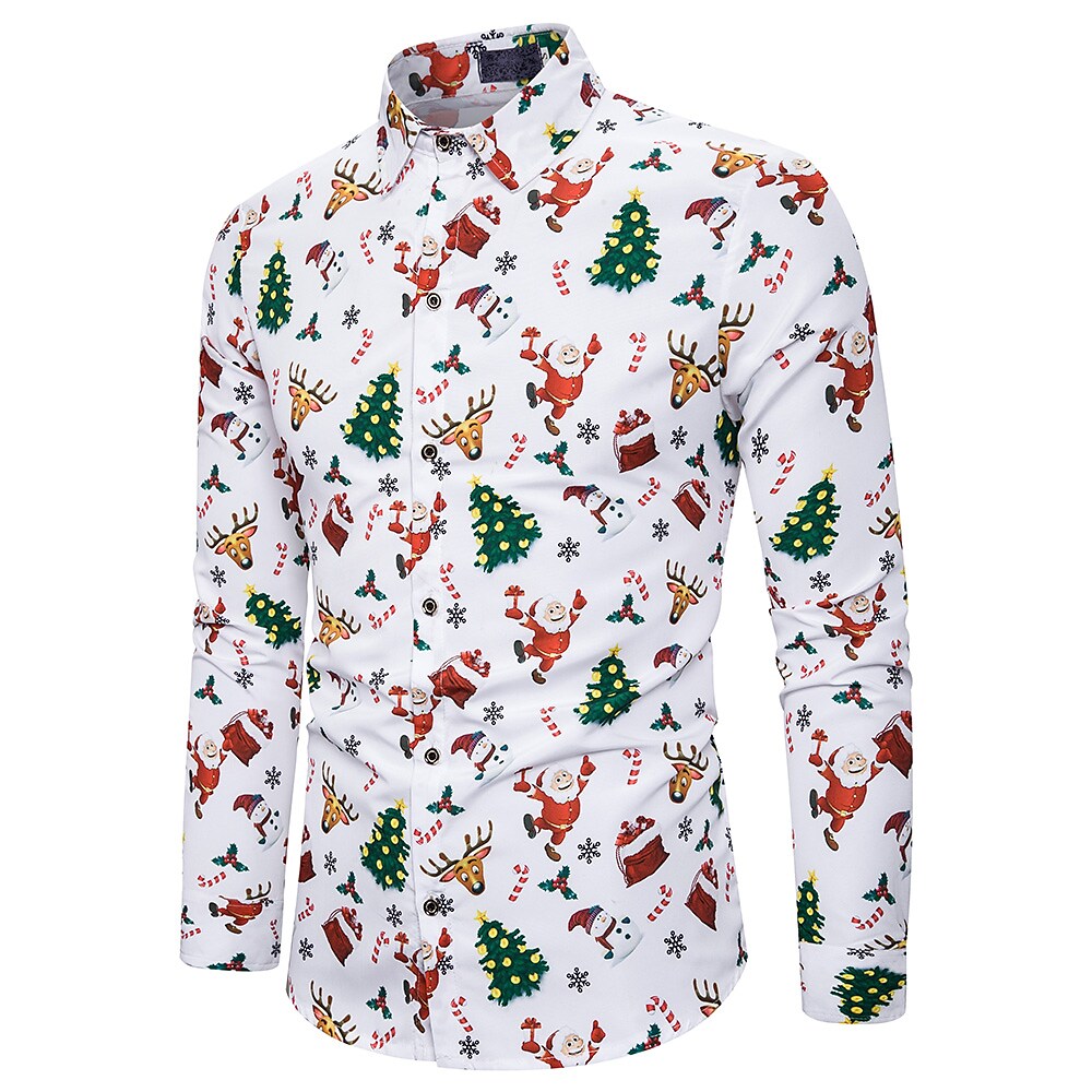 Printrendy Men's Christmas Santa Claus Elk Print Button Down Long Sleeve Shirt