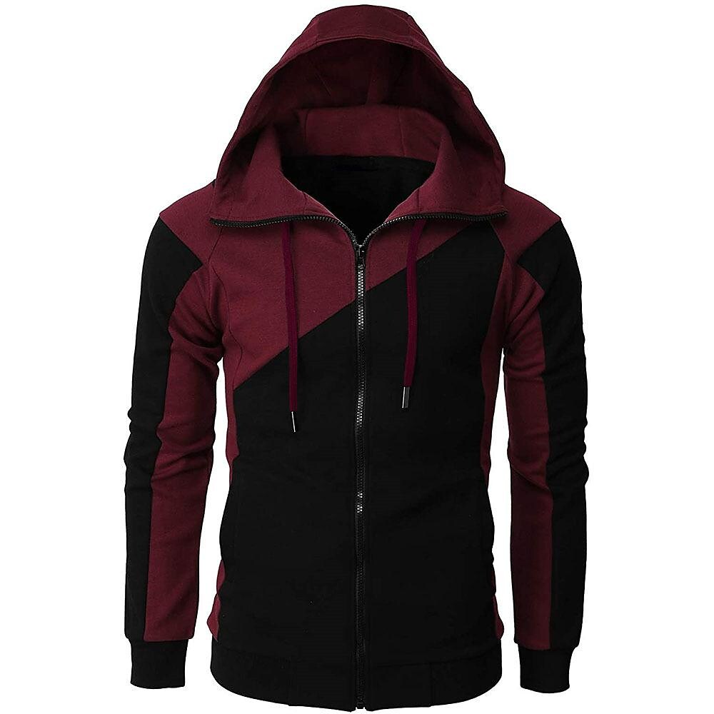 Printrendy Men's Patchwork Zip-up Drawstring Hoodie Sweatshirt
