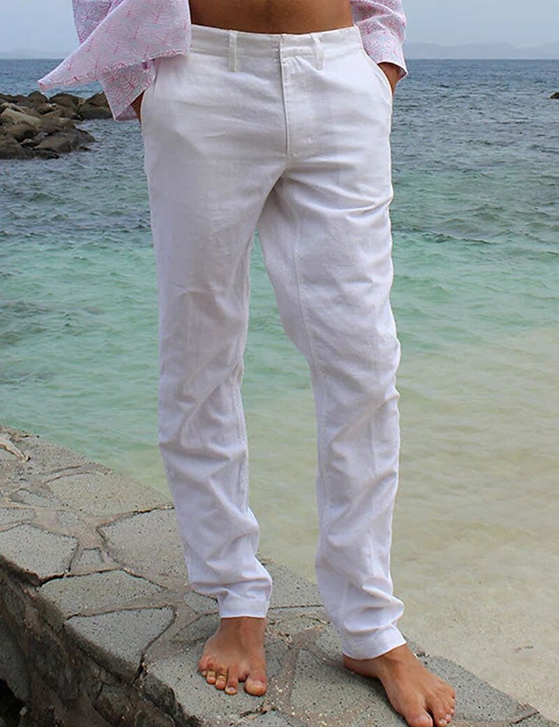 Men's Summer Pocket Plain Comfort Breathable Outdoor Linen Pants