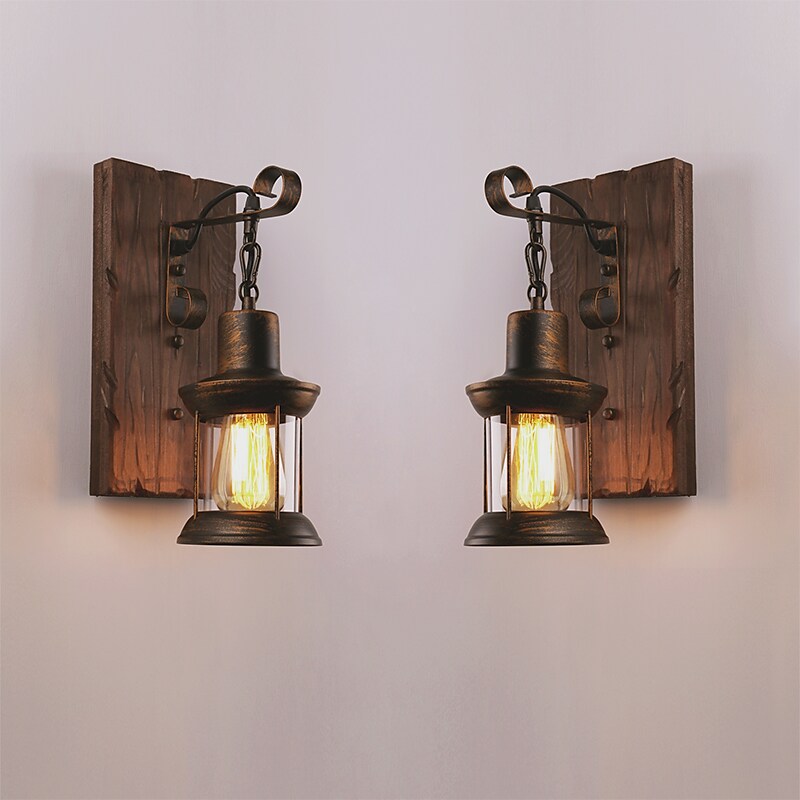 33cm Creative Vintage Style Wall Lamps Wood / Bamboo Lantern Design Wall Sconces Iron Indoor Outdoor Bedroom Hallway Wall Light 110-120/220-240V