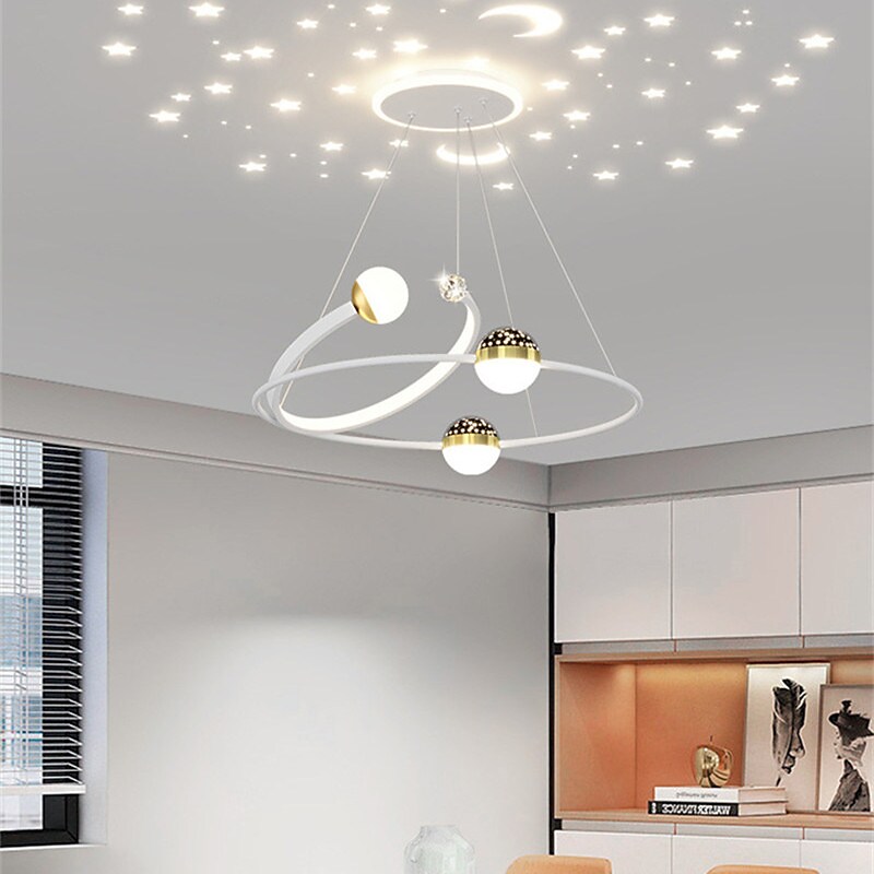 Creative LED Chandelier, Dimmable 48W Pedant Light with Remote Control, Acrylic Shade with Star Projection Pendant Light Fixtures, Pendant Lighting for Kitchen Dining Room Living Room