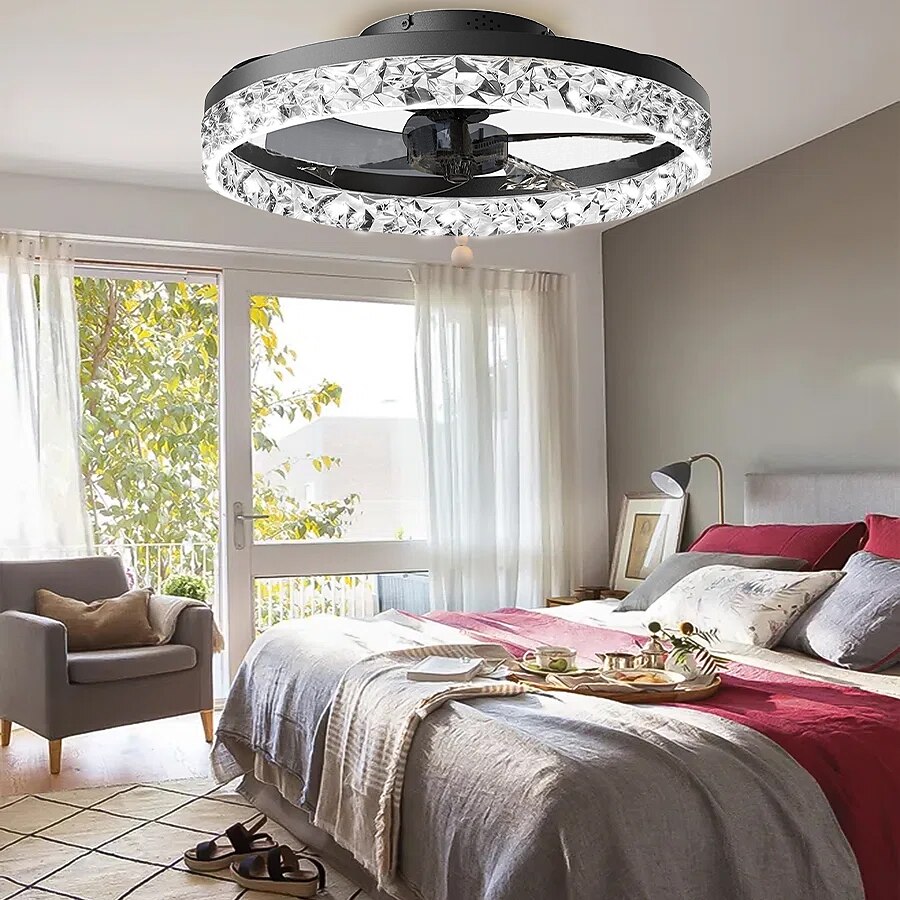 LED Ceiling Fans with lights Crystal Chandeliers Dimmable with Remote Contral 20" Flush Mount Ceiling Lamp Metal Chandelier Bedroom Living Room