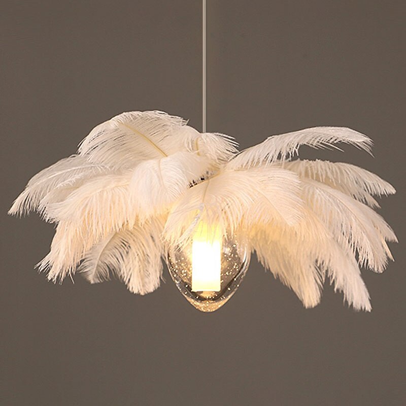 LED Pendant Light Chandelier 35cm 1-Light White Ostrich Feather Bouquet Pendant Light Romantic Mounted Lighting Fixture for Restaurant Bedroom