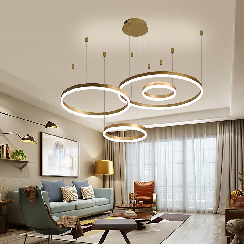 4-Lights 110W Ring Circle Pendant Lights LED Modern Gold Coffee 4 Layers Dimmable