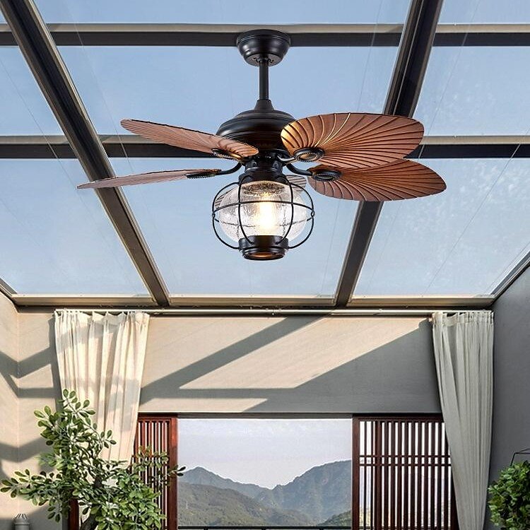 42/52-Inch Tropical Ceiling Fan Outdoor Indoor Waterproof, 3-Speed Quiet Industrial Leaf Ceiling Fan Chandelier with Remote Control 6 Reversible Palm Leaf Blades Wire-cage Lampshade 220-240V