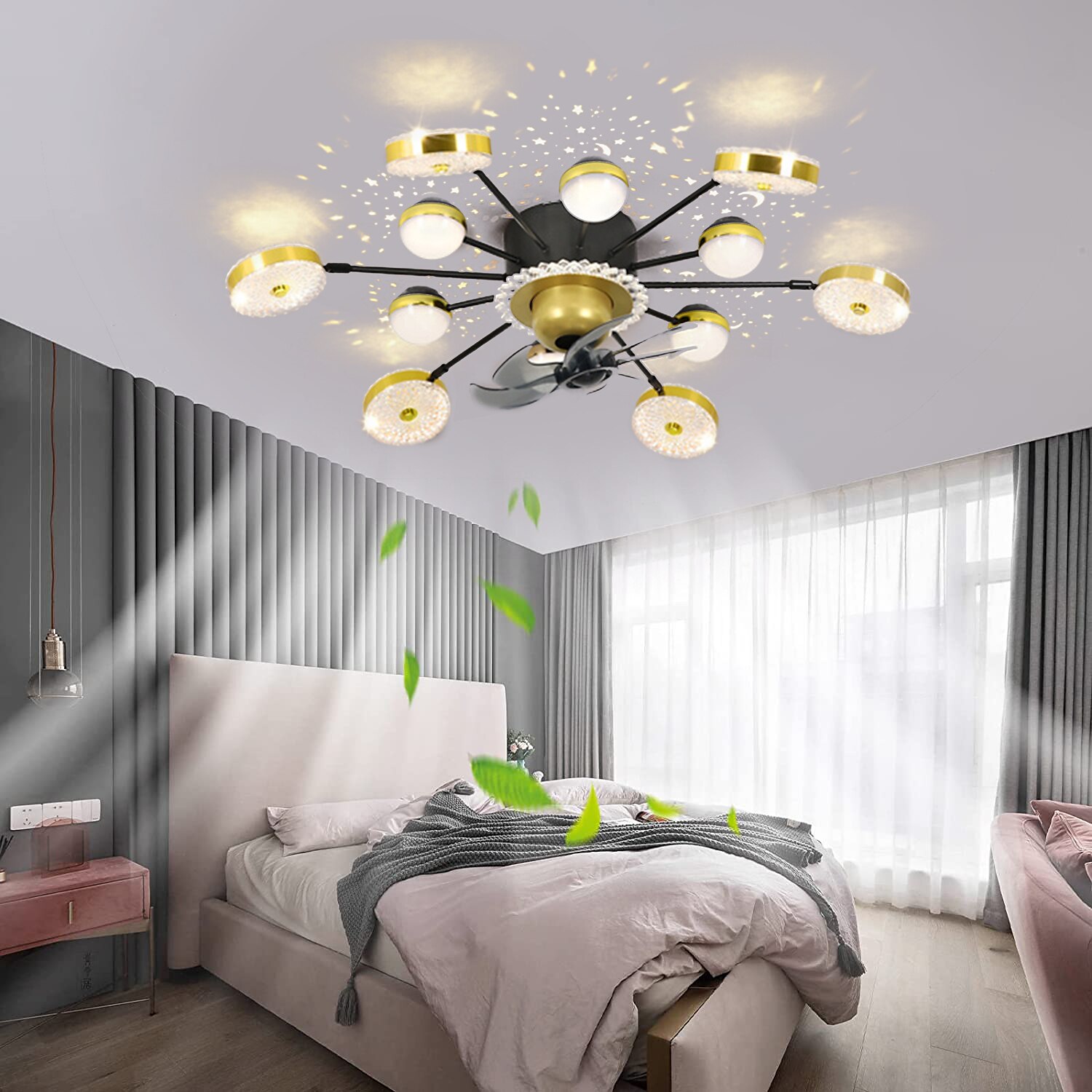 Ceiling Fan with Light App & Remote Control 102 cm Dimmable 6 Wind Speeds Sputnik Design Projection Modern Ceiling Fan for Bedroom, Living Room, Small Room 110-240V