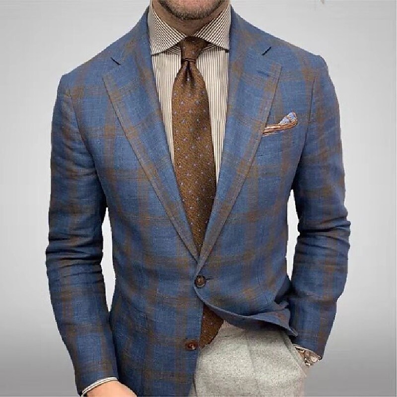 Men's Blazer Business Daily Fall Winter Regular Coat Regular Fit Thermal Warm Casual Jacket Long Sleeve Plaid / Check Pocket Blue 8952293