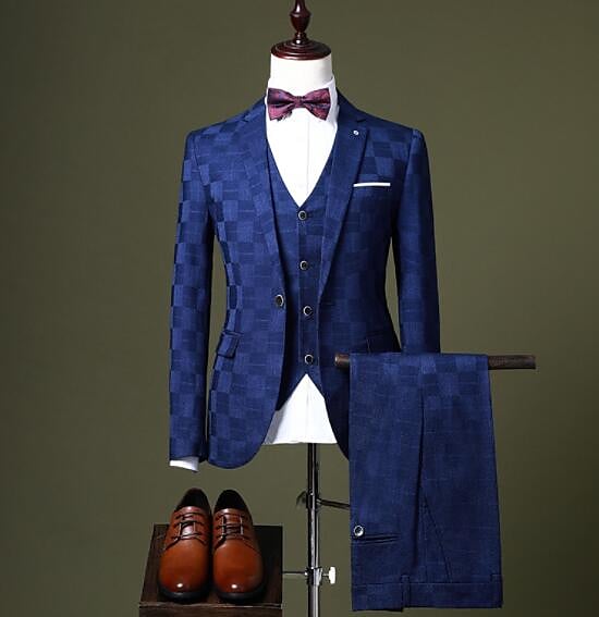 Black/Burgundy/Royal Blue Men's Wedding Party Suits 3 Piece Checkered Tailored Fit Suit Single Breasted One-button 7364318