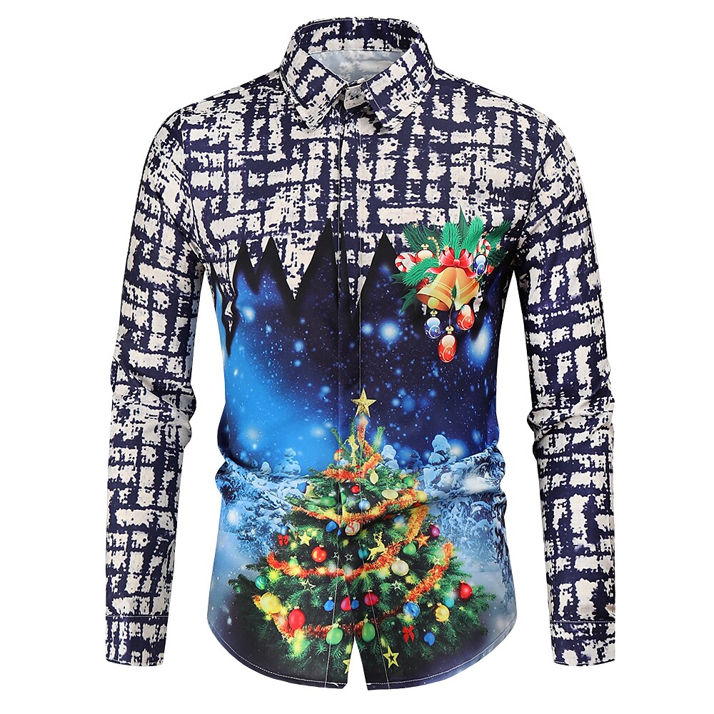 Men's Christmas Ugly Shirt Regular Fit Long Sleeve Lapel Geometric Polyester Blue 2022 9394537