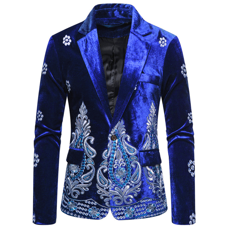 Men's Blazer Party Daily Winter Spring Regular Coat Regular Fit Warm Casual Jacket Long Sleeve Print Embroidered Black Wine Royal Blue 8988259