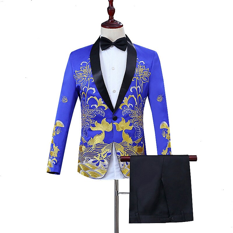White Black Royal Blue Men's Wedding Tuxedos Shawl Collar Floral / Botanical Tailored Fit Single Breasted One-button 9007881