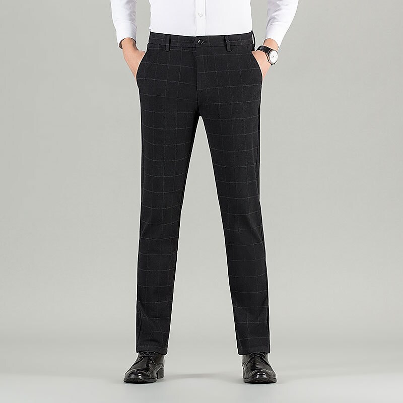 Men's Dress Pants Thick Warm Long Micro-elastic Standard Fit Plaid Black Blue 2022 9392910