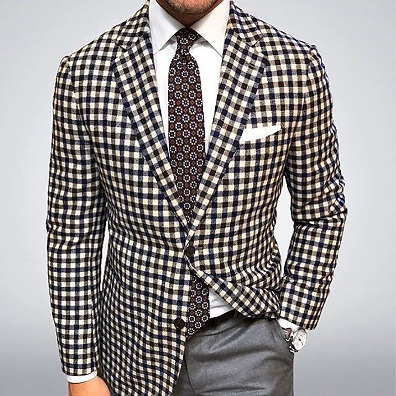 Men's Fashion Party Blazer Regular Tailored Fit Checkered Single Breasted Two-buttons Brown 2022 / Winter 9365552