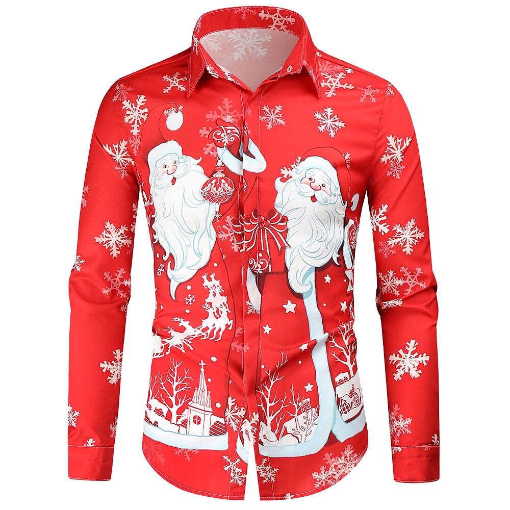 Men's Christmas Ugly Shirt Regular Fit Long Sleeve Lapel Geometric Polyester Red 2022 9394540