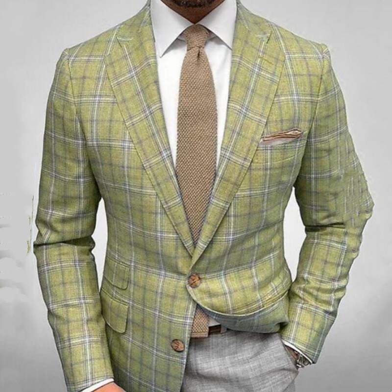 Men's Fashion Party Blazer Jacket Regular Tailored Fit Checkered Single Breasted Two-buttons Yellow Pink Light Purple Green Light Blue 2023 9534713