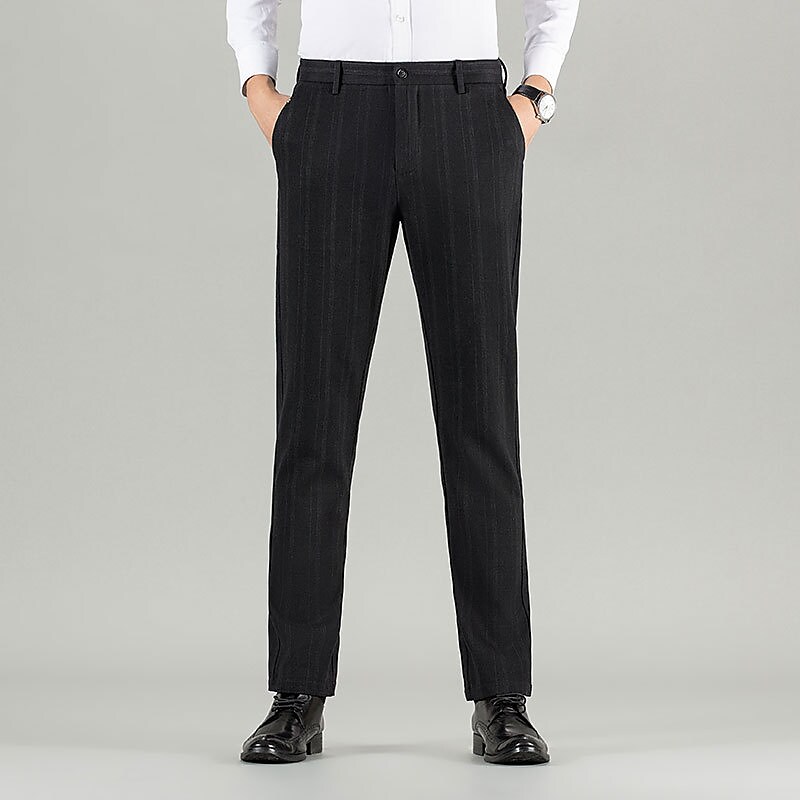 Men's Dress Pants Thick Warm Long Micro-elastic Tailored Fit Stripe Black Grey 2022 9392909
