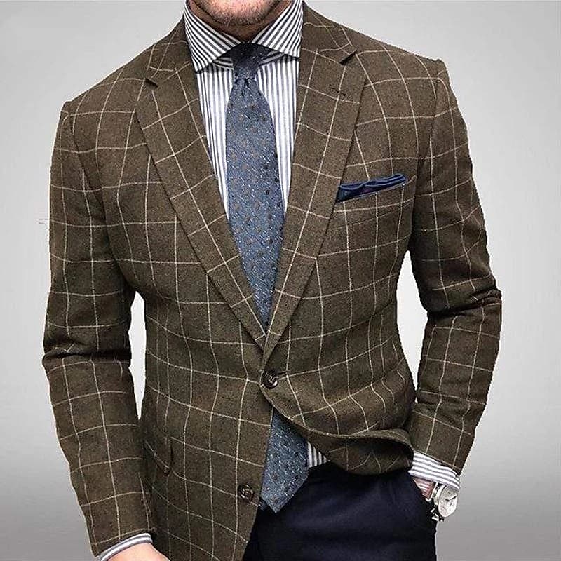 Men's Fashion Party Blazer Regular Tailored Fit Checkered Single Breasted Two-buttons Brown Grey 2022 / Winter 9365551