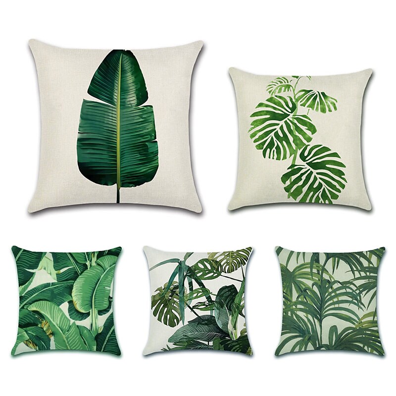 Set of 5 Pcs Green Leaf Botanical Series Throw Pillow Covers 
