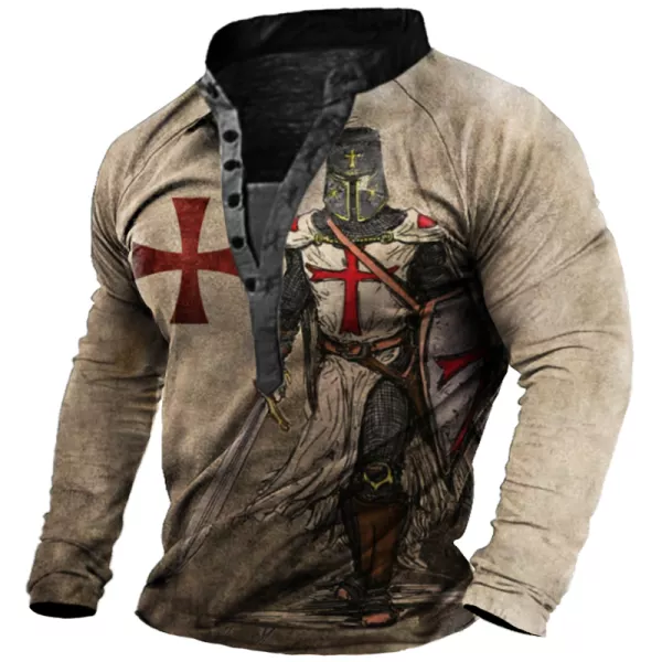 Men's Vintage Templar Cross Long Sleeve Henley T-Shirt - USPORTJOURNAL