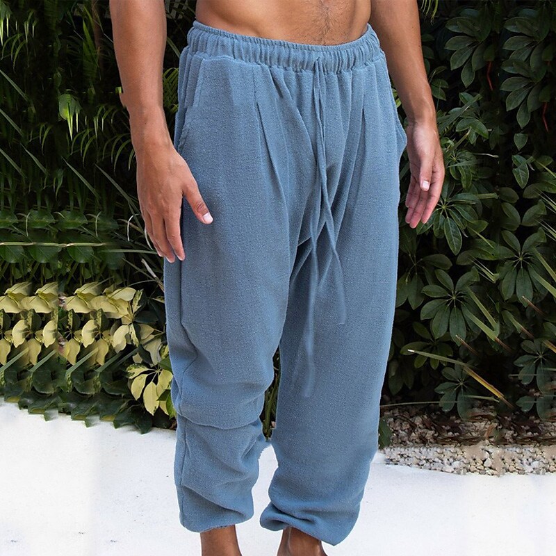 Men's Linen Beach Pants Drawstring Elastic Waist Plain Comfort Breatha