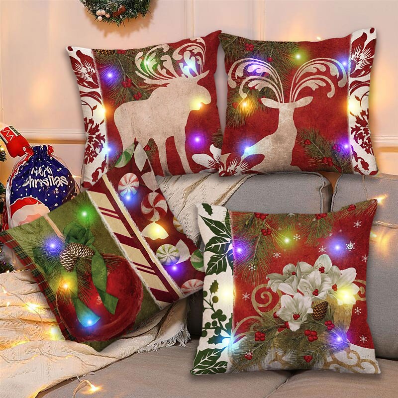 Christmas LED Lights Cushion Cover 4PC Soft Decorative Square Cushion Case