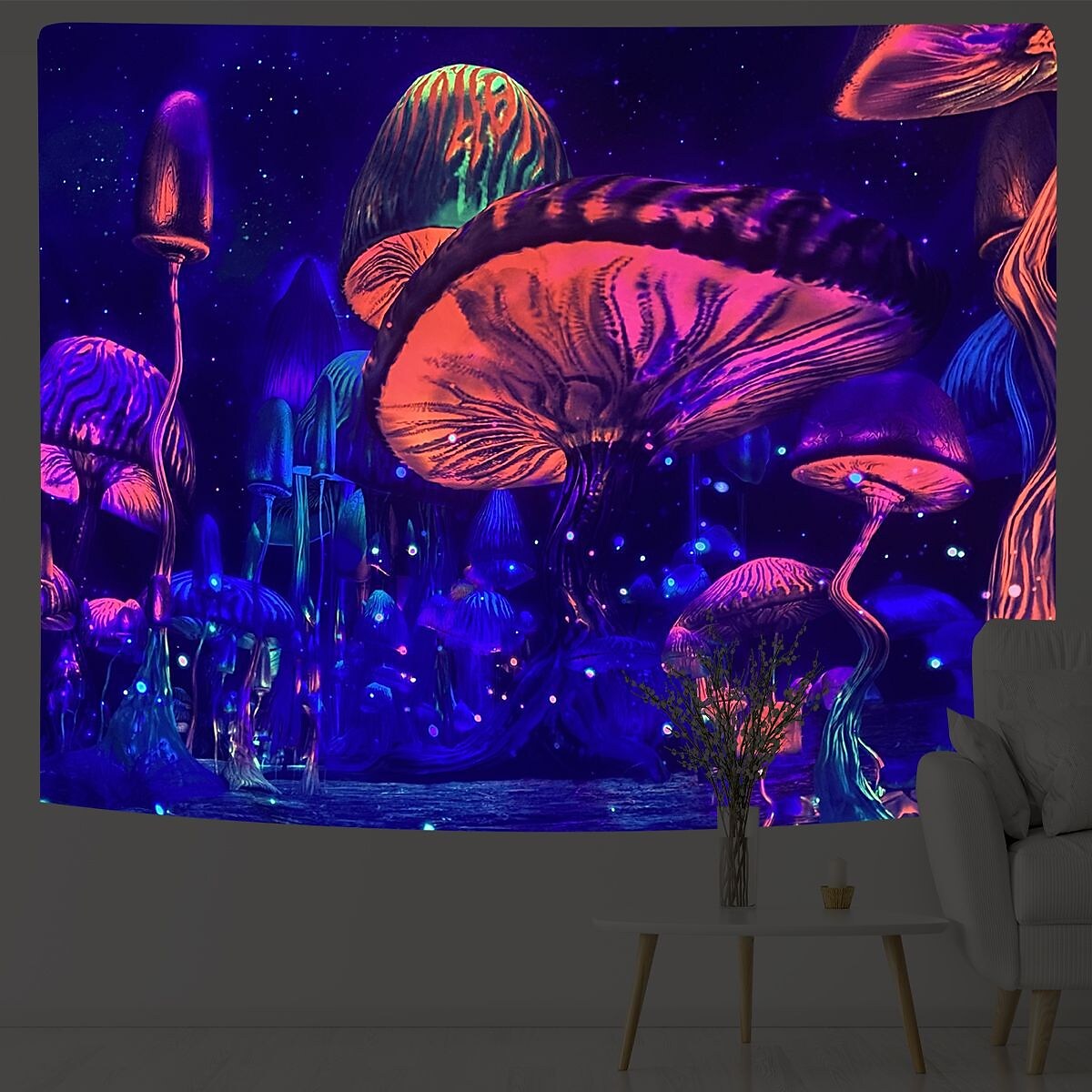 Blacklight UV Reactive Psychedelic Mushroom Game Wall Tapestry 