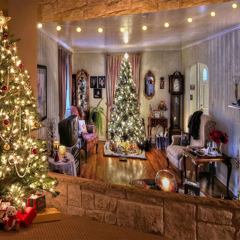 Christmas Decor LED Lights Wall Tapestry Santa Claus Christmas Tree Print