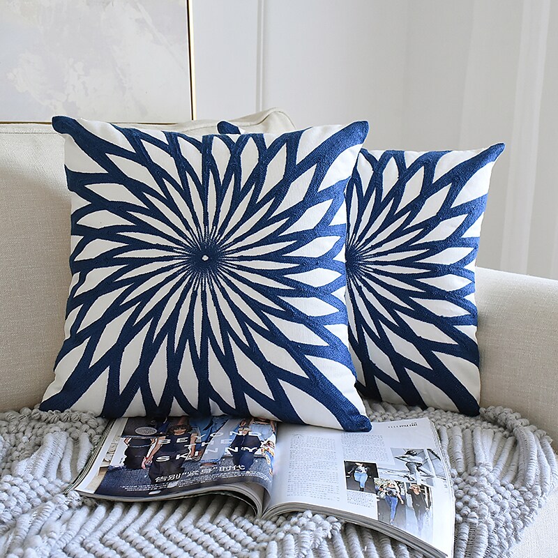 Blue Embroidered Polyester Pillow Cover 