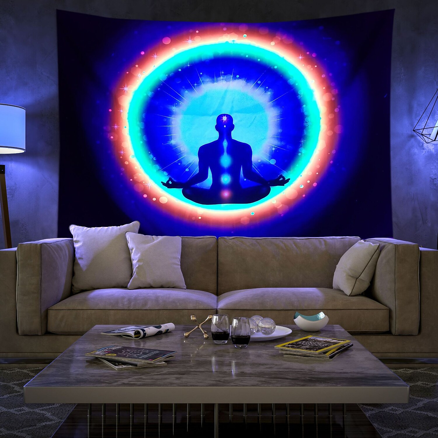 Blacklight UV Reactive Tapestry Chakra Bohemian Scenery Hanging Moon Phase Decoration Cloth