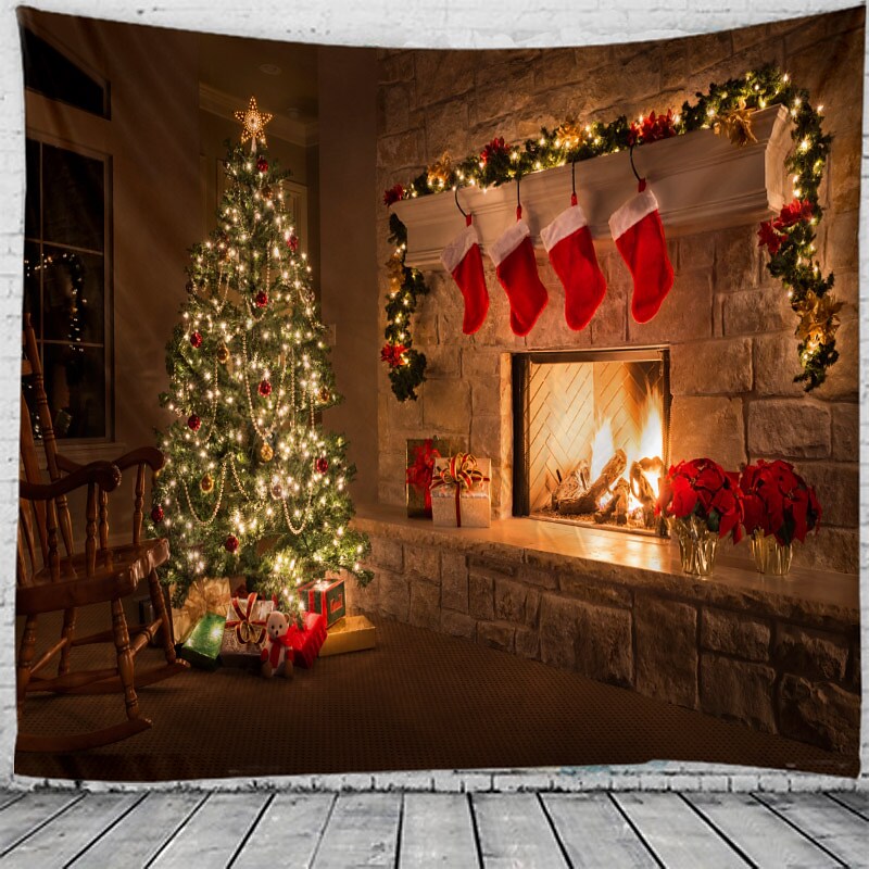 Christmas Santa Claus Holiday Party Wall Tapestry Art Decor Blanket Curtain Picnic Tablecloth Hanging Home Bedroom Living Room Dorm Decoration Christmas Tree Sock Fireplace