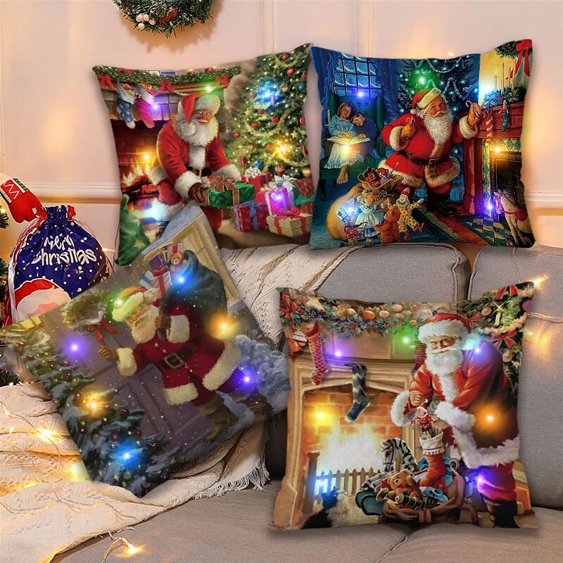 Christmas LED Light Cushion Cover 4PC Soft Decorative Santa Claus Square Cushion Case Pillowcase for Bedroom Livingroom Sofa Couch Chair Superior Quality Machine Washable