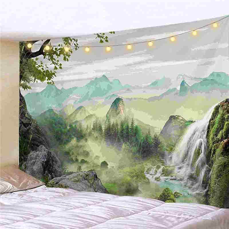 Landscape LED Lights Wall Tapestry Art Decor Forest Waterfall Print