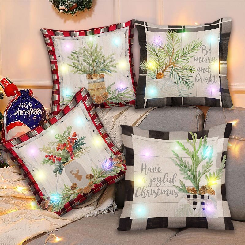 Christmas LED Lights Cushion Cover 4PC Soft Decorative Square Cushion Case
