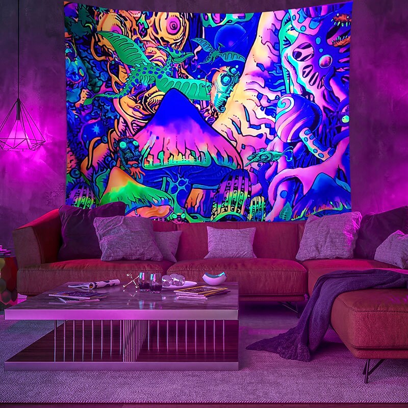 Blacklight UV Reactive Wall Tapestry Psychedelic Mushroom Mandala Room Background Decorative Cloth Hanging