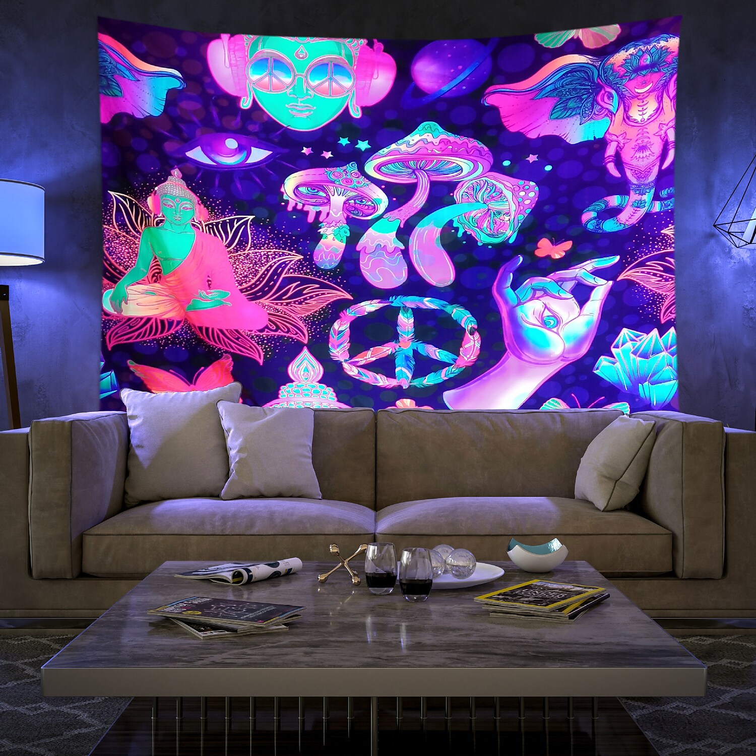 Blacklight UV Reactive Wall Tapestry Psychedelic Mushroom Buddha Room Background Decorative Cloth Hanging