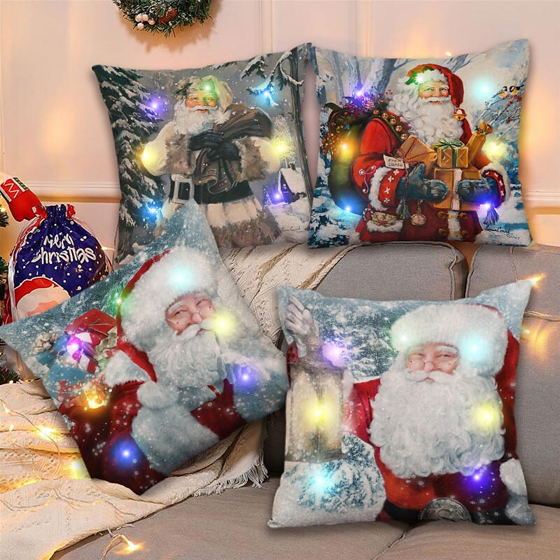 4PC Christmas LED Lights Cushion Cover Santa Claus Printed
