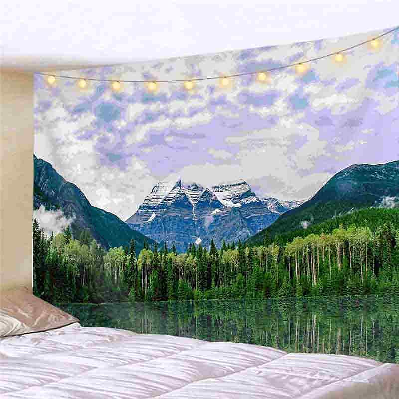 Landscape LED Lights Wall Tapestry Art Decor Forest River Tree Print