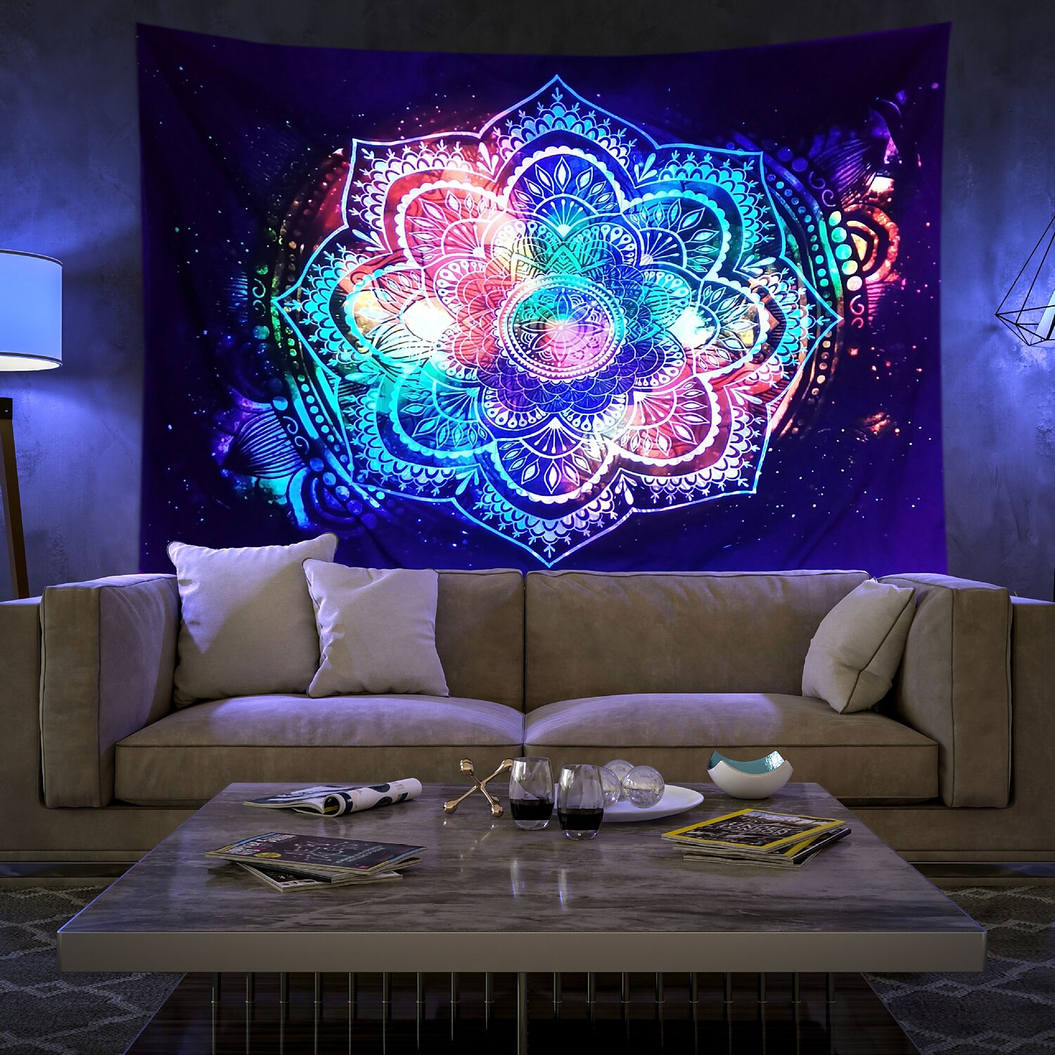 Blacklight UV Reactive Wall Tapestry Mandala Bohemian Room Background Decorative Cloth Hanging