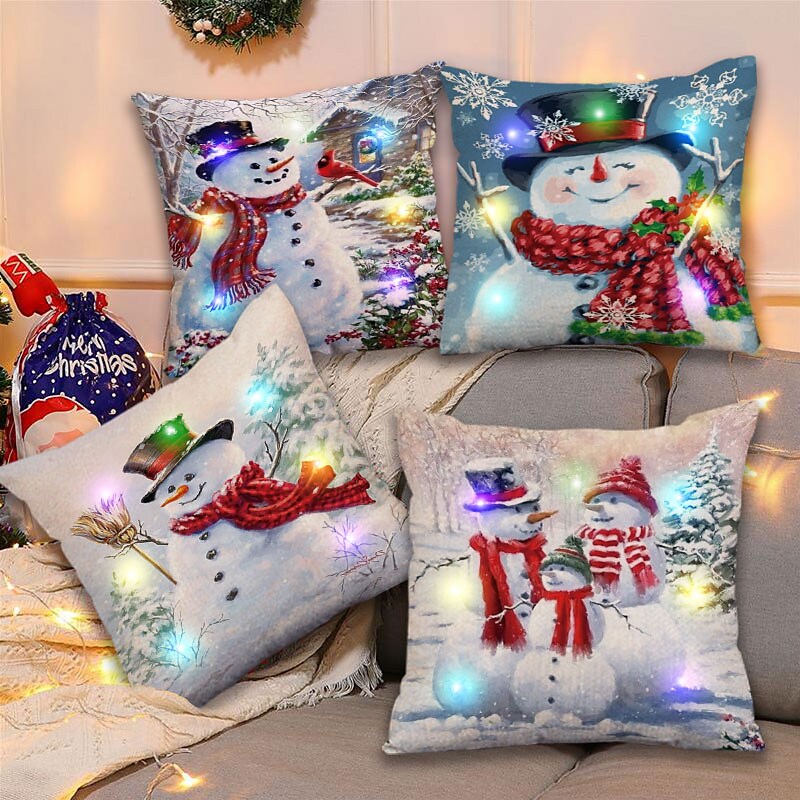 Christmas LED Lights Cushion Cover 4PC Snowman Soft Decorative Square Cushion Case
