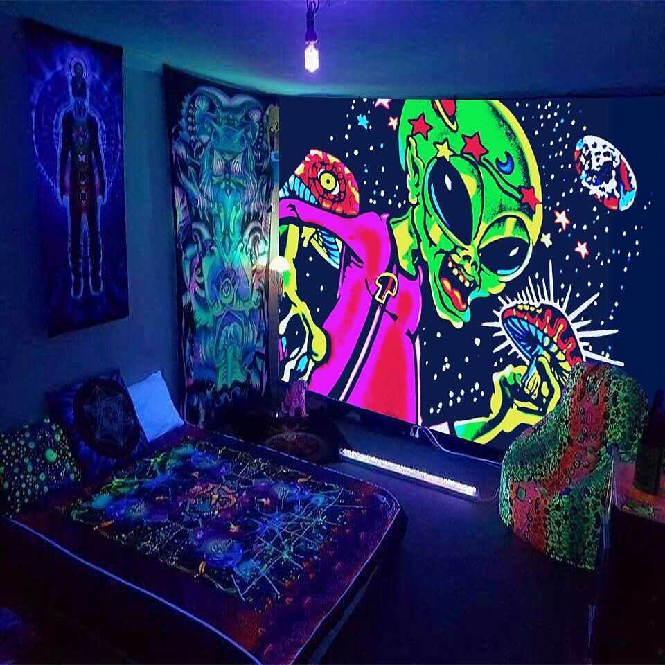 Black UV Light Trippy Skull Wall Tapestry 