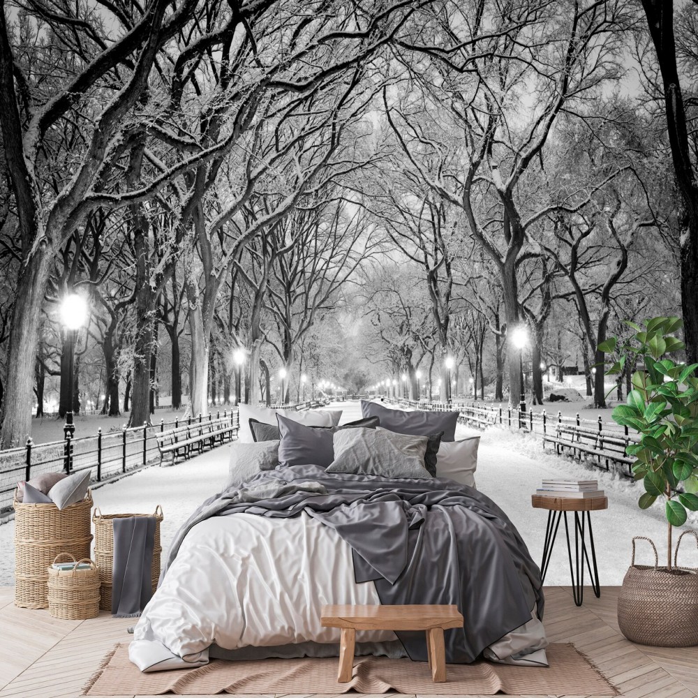 3D Central Park Mural Wallpaper Snow Winter Black And White  PVC/Vinyl Material Self Adhesive/Adhesive Required