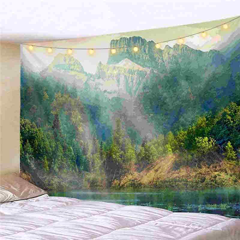 Landscape LED Lights Wall Tapestry Art Decor Forest Sunshine Waterfall Print