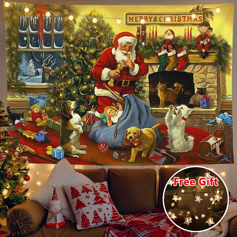 Christmas Decor LED Lights Wall Tapestry Santa Claus Christmas Tree Print